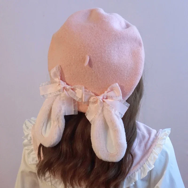 Lovely Bunny ear Beret Lolita Handmade Caps elegant Bow Autumn Winter Warm Berets Wool felt beanies woman's hat