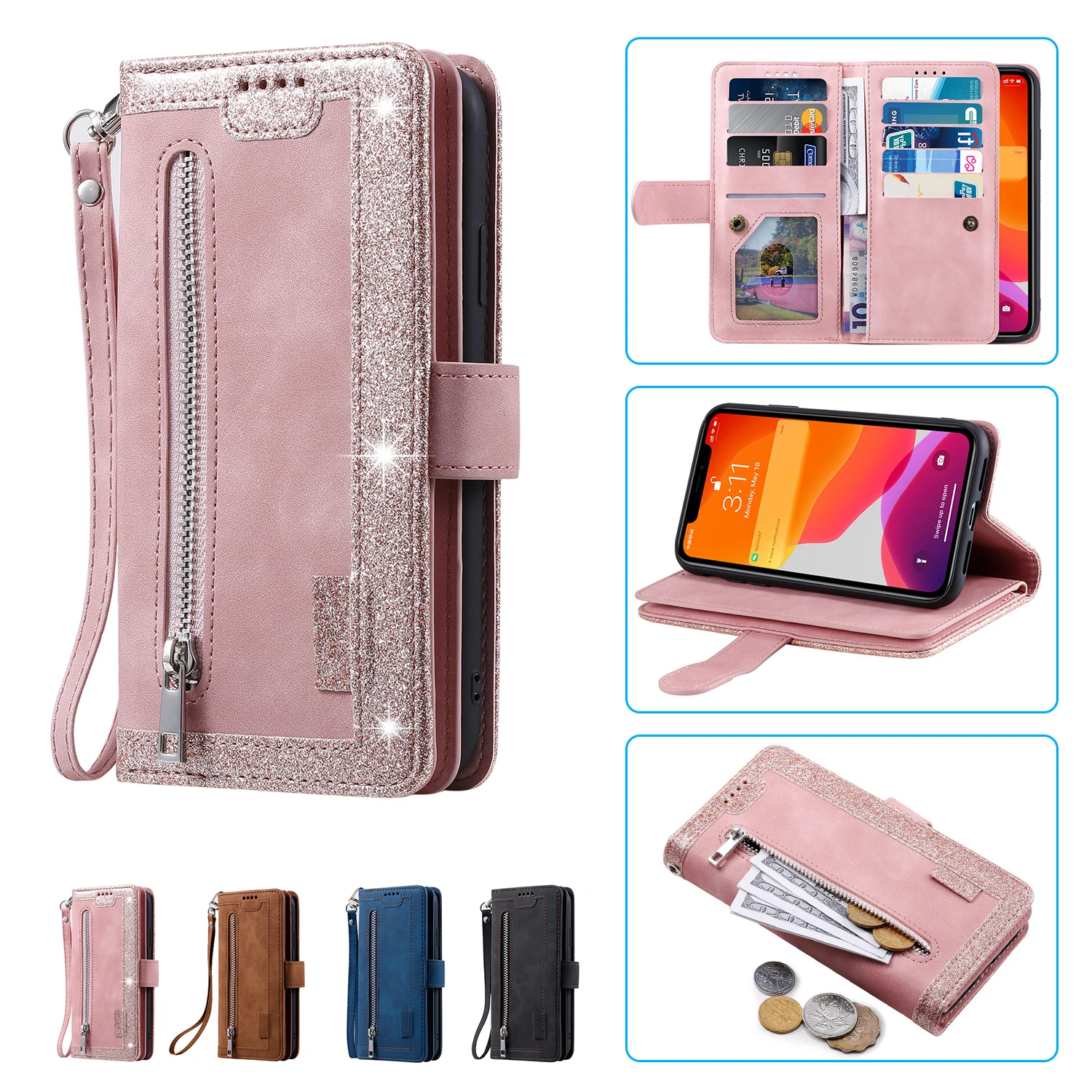 

Multi 9-Card Zipper Wallet Case For Samsung Galaxy S25 Edge S24 FE S23 Ultra S22 Plus Retro Leather Lanyard Wrist Strap Cover