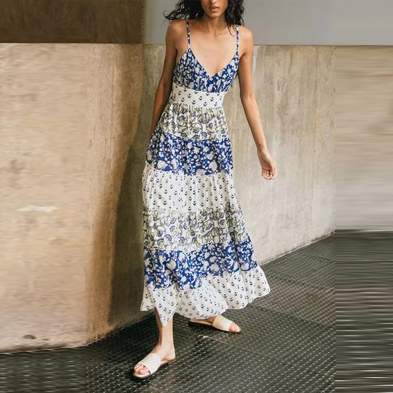 2025 verão novo feminino Faion Patchwork estampa em camadas Dr cintura alta Svel saia longa Sle Vaion tema poliéster...