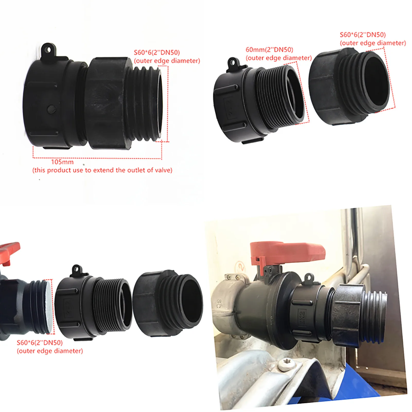 S60x6 drobny gwint do S60x6 gwint stromy IBC Adapter zbiornika z zaworem kulowym DN50, pojemnik o grubości 1000 litra DN50