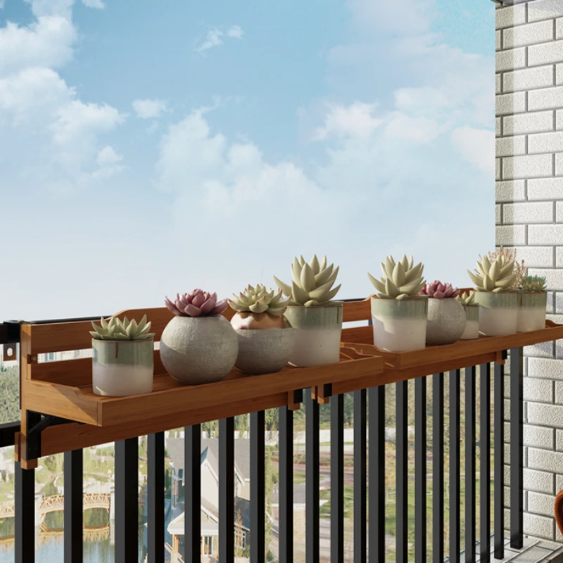 

Balcony flower stand hanging guardrail solid wood railing shelf hanging flowerpot succulent plant display stand