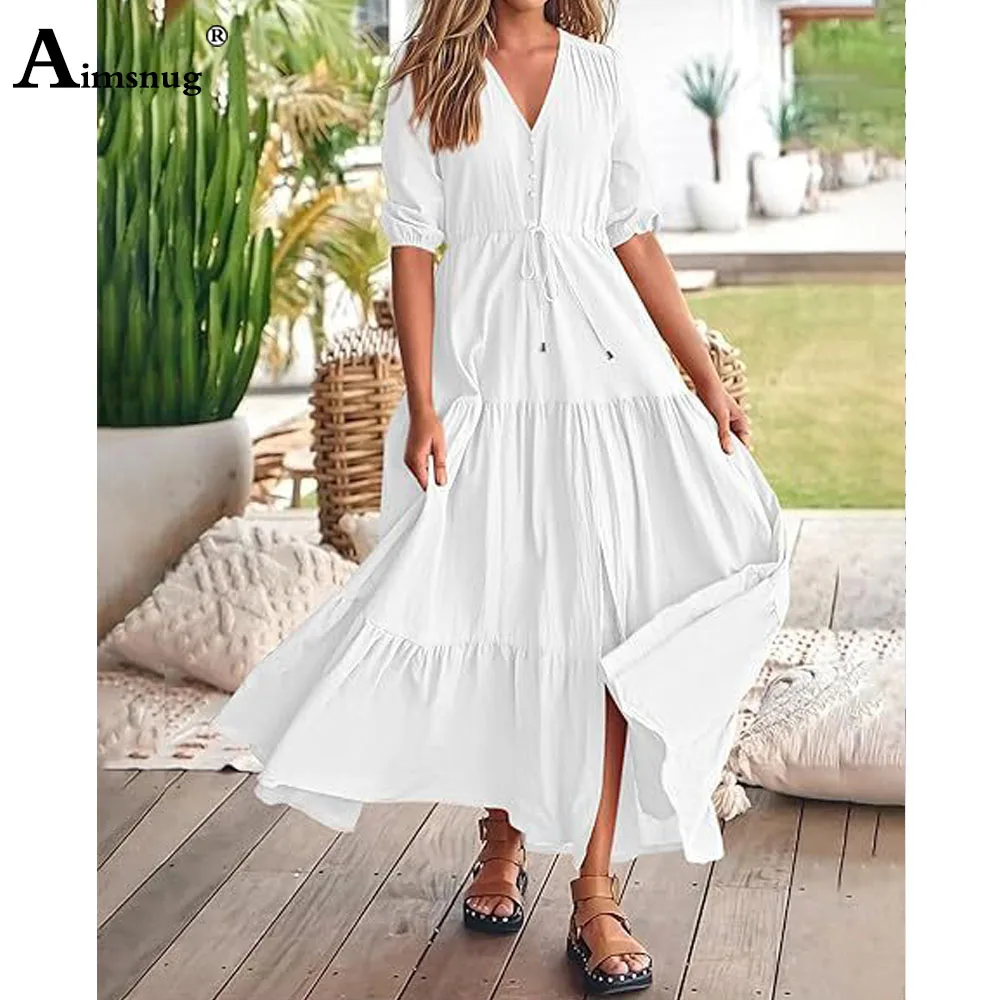 

Long Boho V-neck Solid White Perspective Dresses Women Half Sleeve Maxi Dress Plus size Ladies Vintage Simple Basic A-line Dress