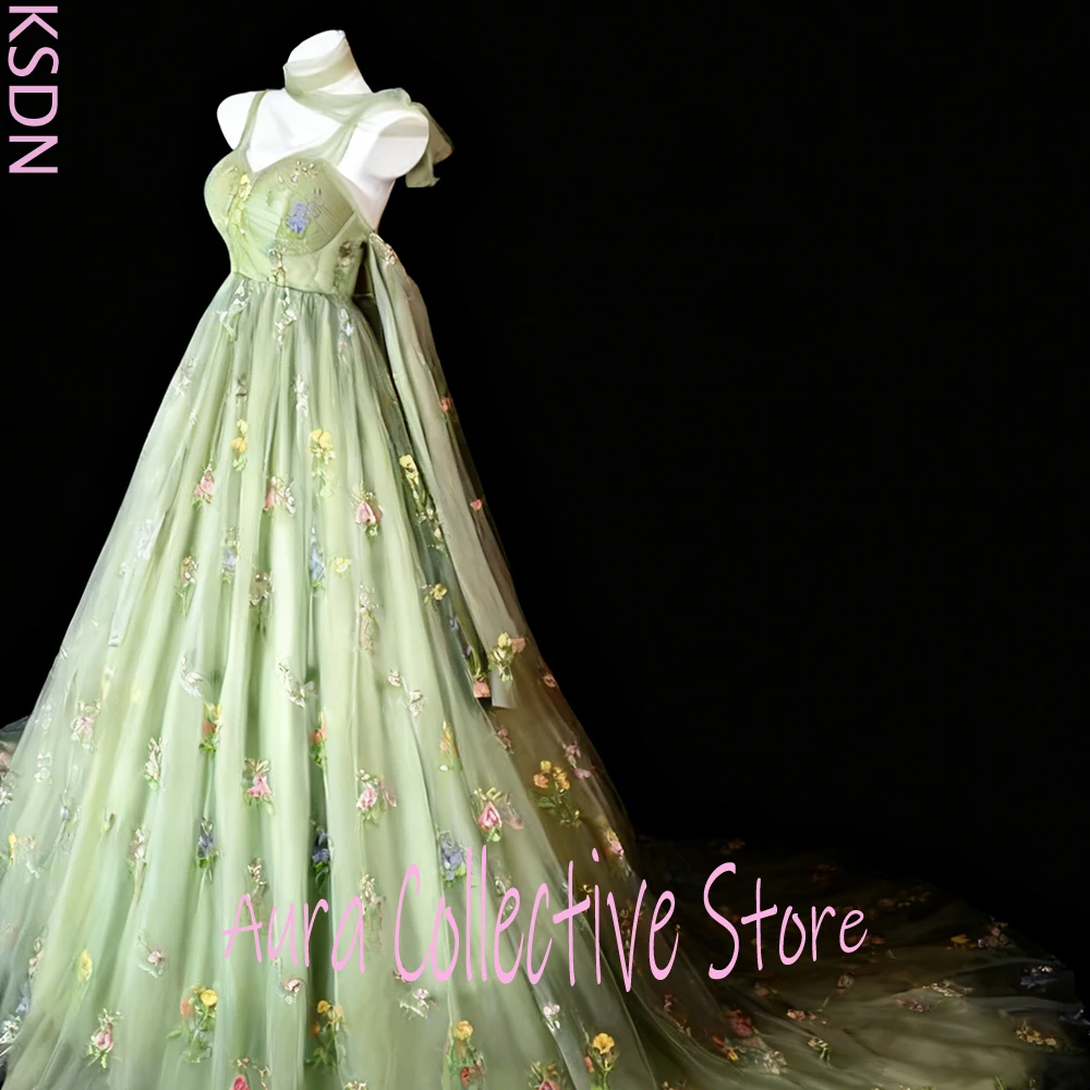 

Светло-зеленое тюлевое свадебное платье с цветочной вышивкой и бретельками, романтическое богемное женское свадебное вечернее платье