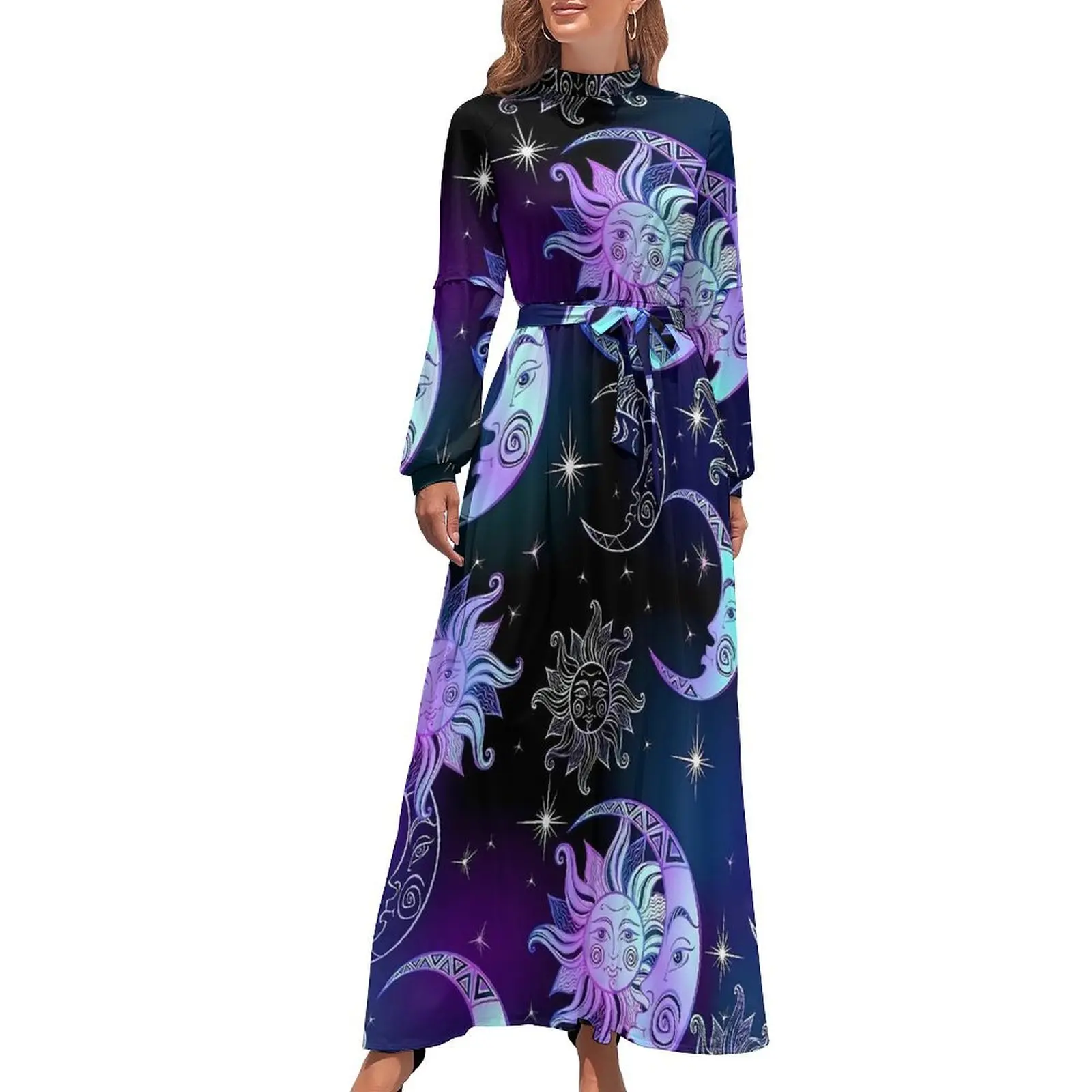 Whimsical Purple Moon And Star Cosmos Dress High Waist Beach Dresses Long Sleeve Casual Long Maxi Dress Elegant Clothing