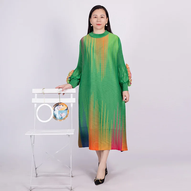 

Miyake Style Printed Dress for Women 2023 Spring Rainbow Embroidered O Neck Long Sleeve Loose Plus Size Luxury Evening Dresses