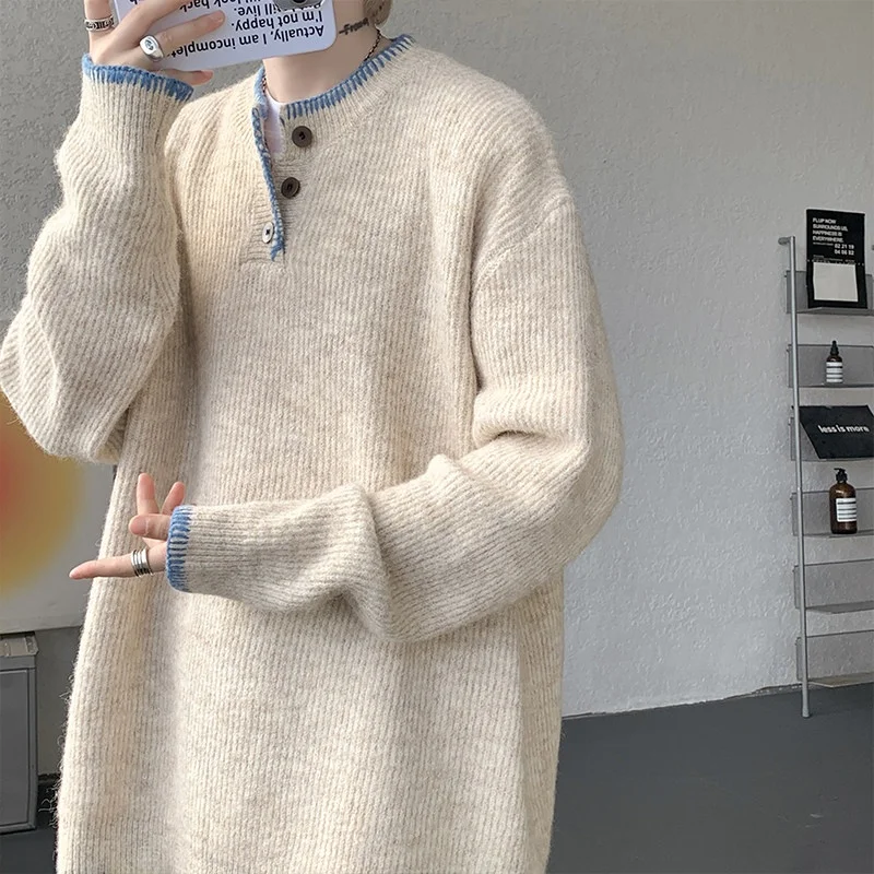 

Loose Fit Henry Collar Knitted Sweater Men's Autumn Winter Vintage Sle Comfortable Lazy Sle Trendy Large Size Sweater