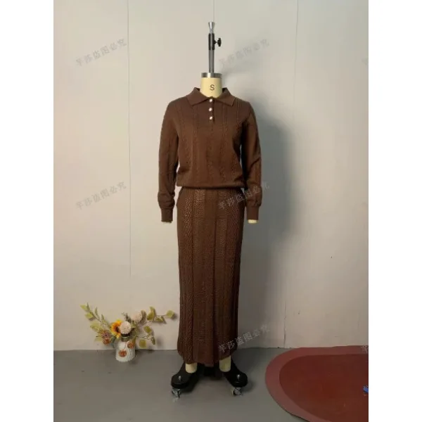 Elegant Women's 2-Piece Sets New Autumn 2025 Solid Lapel Button Slim Knit Sweater and High Waisted Straight Leg Skirts Suits