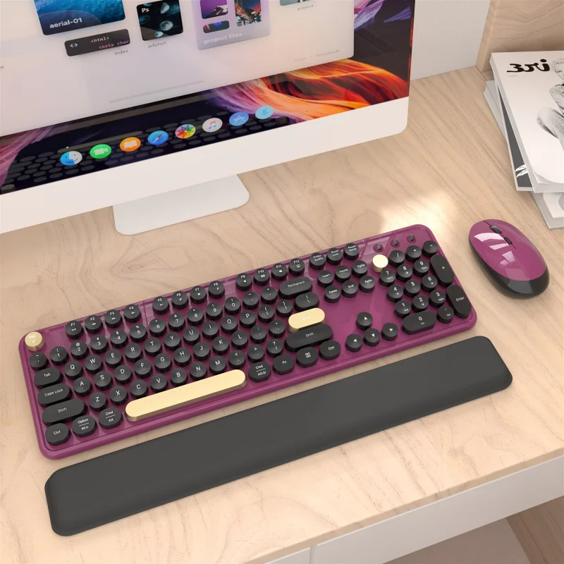 Wireless Keyboard and Mouse Combo，Purple and Black Retro Round Keycaps，Optical Mouse with，Ergonomic Design for Computers and