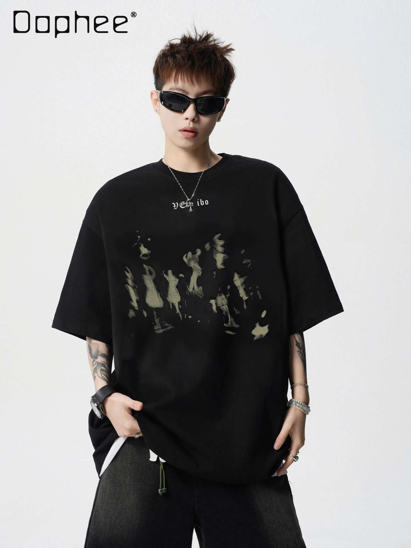 

Summer New American Retro Style Printed Men's Round Neck Black Short Sleeve T-Shirt Loose Versatile Casual White T-Shirt