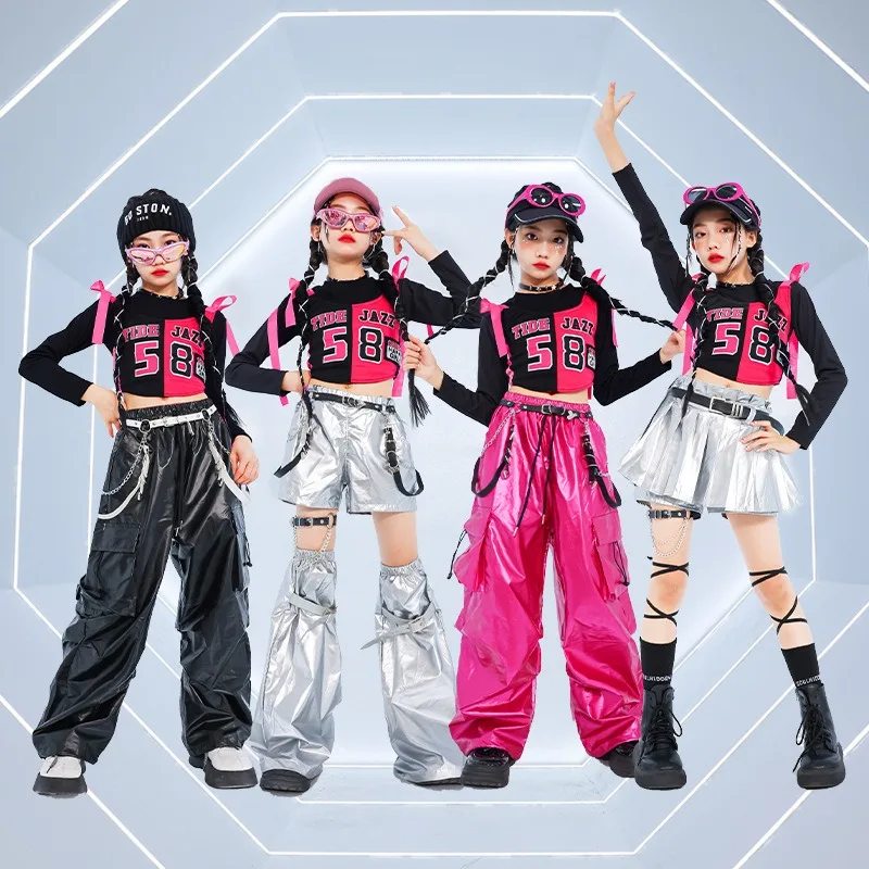 新しい女の子用ヒップホップクロップトップ、光沢のあるカーゴパンツ、tシャツ、ストリートダンスショーツ、キッズストリートウェア、子供用ジャズガールズグループ服セット
