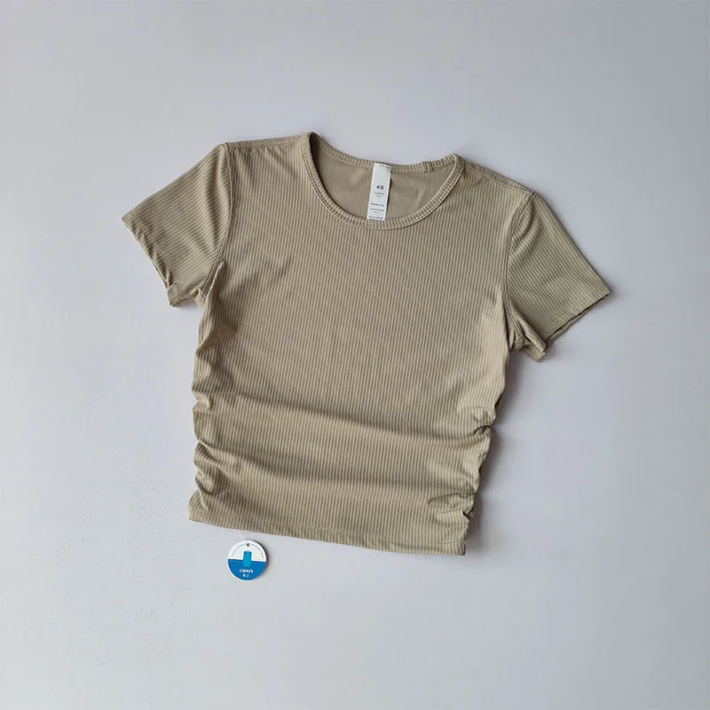 Geripptes Sport-Kurzarm-Yoga-Oberteil für Damen, schnelltrocknend, schlankmachend, taillenbetont, Fitness-Top, Trainings-T-Shirt, Sommer – Detail 11
