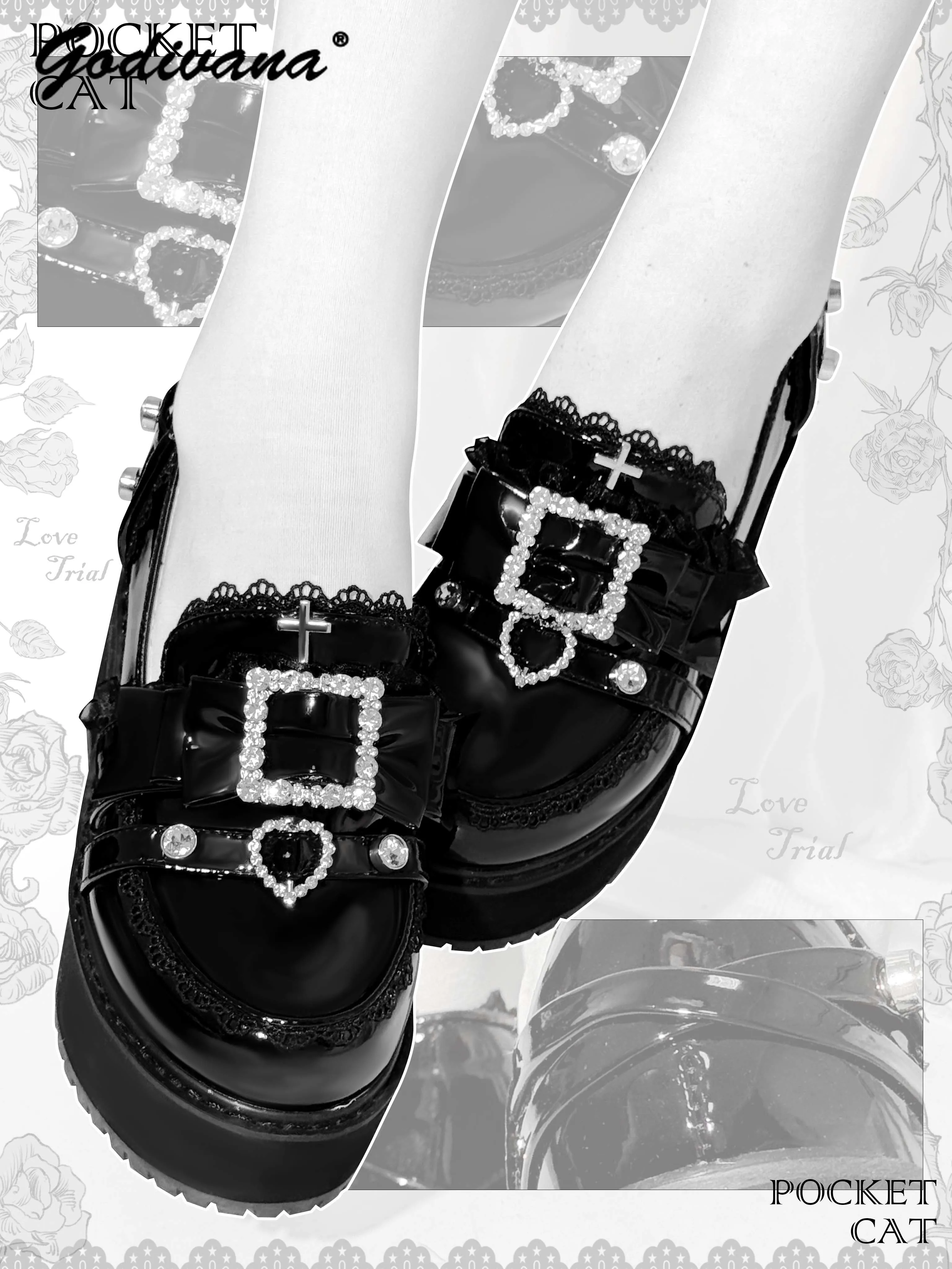 

Original Women's Platform Pump Shoes New Spring Square Rhinestone Lolita JK Leather Shoes Women's Black Loafers