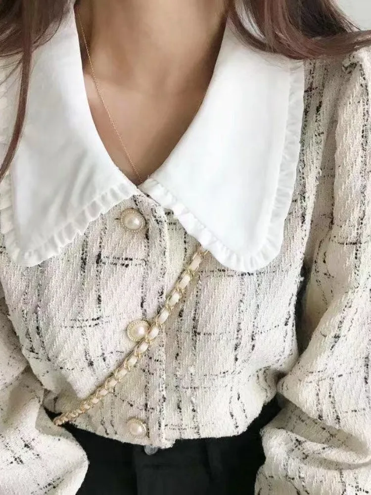 

Chic Doll Collar Splice Little Fraance Sle Jaet Women's Early Autumn New High-End Feeling Button Long Sve Top