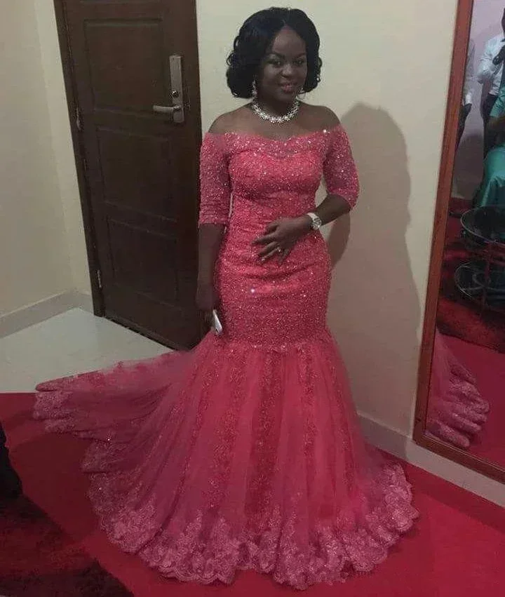 Customized Elegant Red Lace Mermaid Half Sleeves Off The Shoulder Plus Size African Wedding Dress Bridal Gowns Custom Made