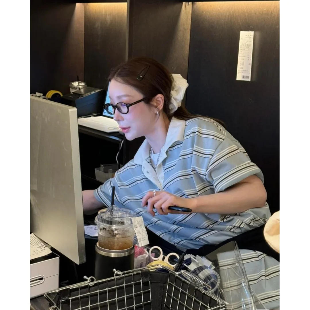 

Retro Color Blo Ne Striped ort Sve T-irt Women's Summer New Sle Korean Loose Top Versatile Casual Wear