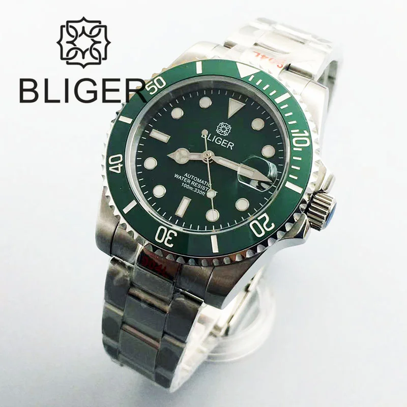 BLIGER Relógio Automático Masculino, Vidro Safira, Inserção Verde, Bracelete Luminoso em Aço Inoxidável, 24Jewel, NH35, 40mm