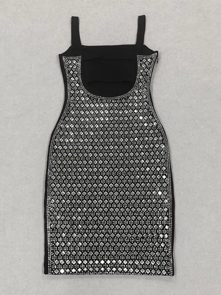 Women Sexy Tank Black Diamonds Crystal Mini Bodycon Dress 2024 Celebrity Elegant Evening Club Birthday Party Dress