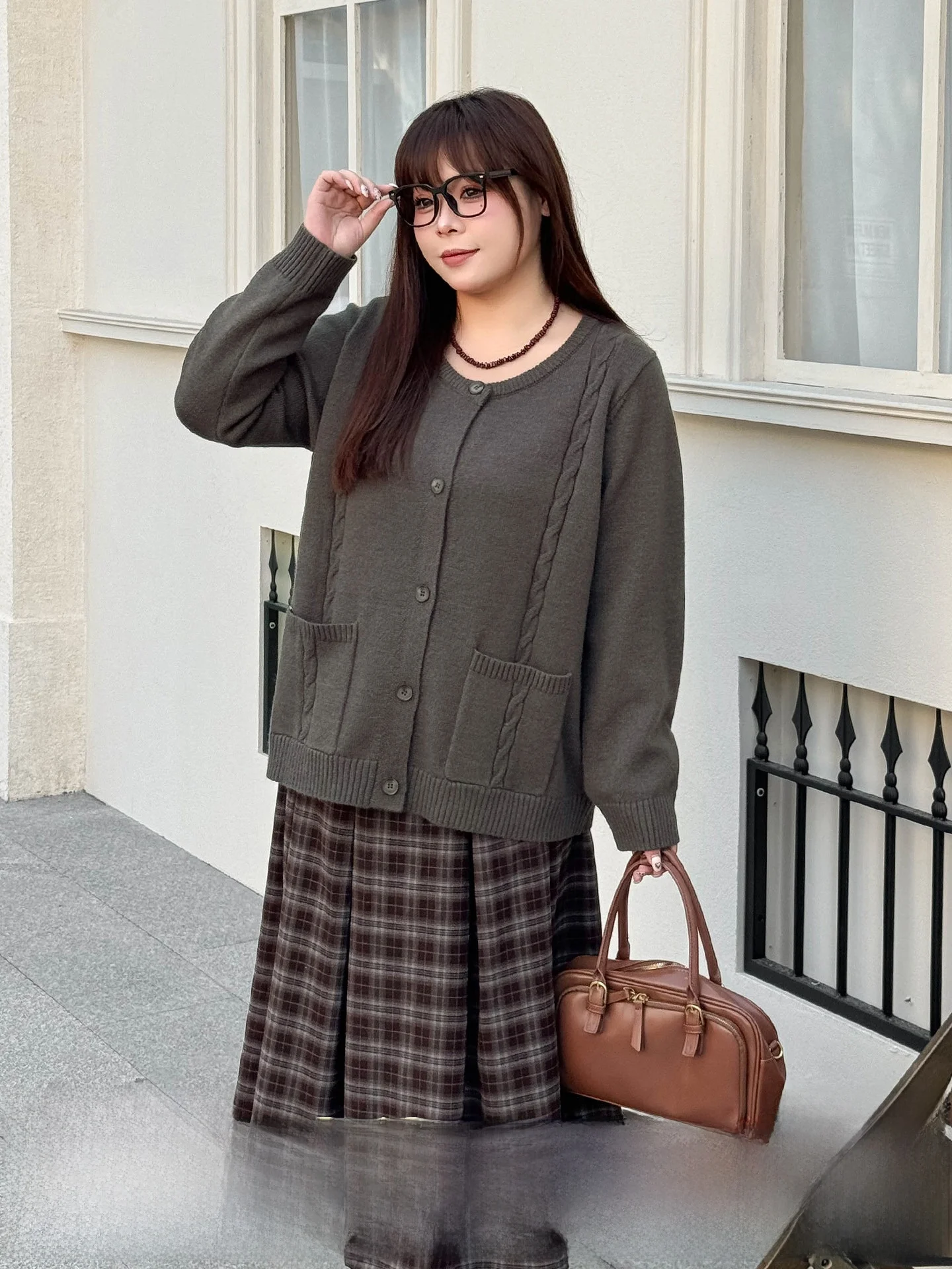 

plus Size Knitted Sweater And Skirt Set Soft Cozy Plaid A-Line Midi Skirt round Ne Long Sve Autumn Winter Faion Ensemble