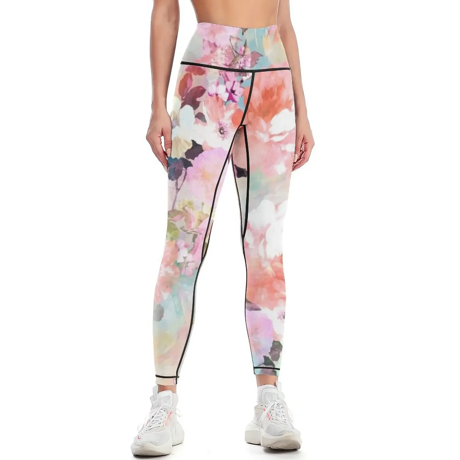 Romantic Pink Teal Watercolor Chic Floral Pattern Leggings Sports pants for exercise clothing for Womens Leggings