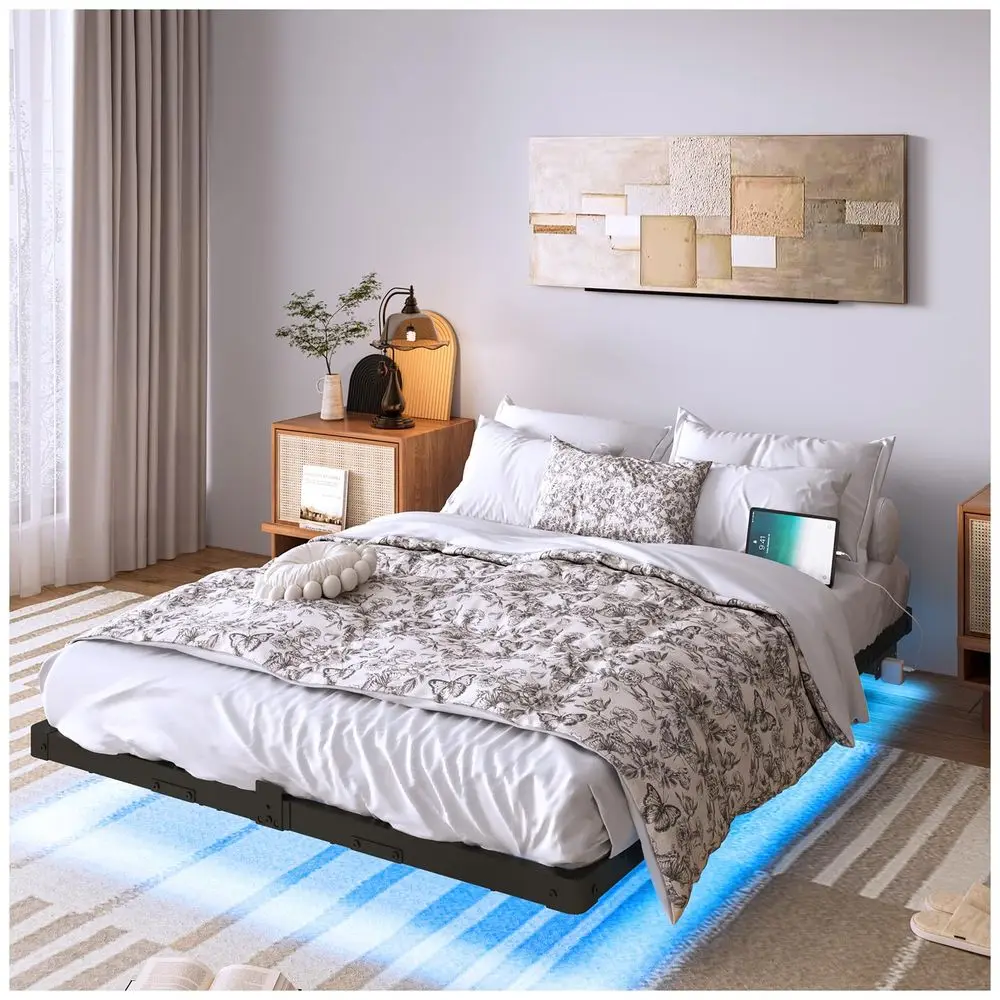 ESPACIO Base de Cama Matrimonial Flotante, Base de Cama LED con Estación de Carga, con Láminas de Acero de Alta Resistencia, No Requiere