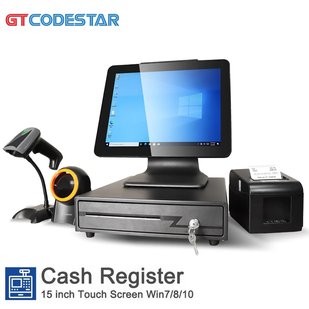 

Desktop POS Computer Cash Register Touch Screen All in One POS System Terminal Machine with Scanner / Printer / Drawer