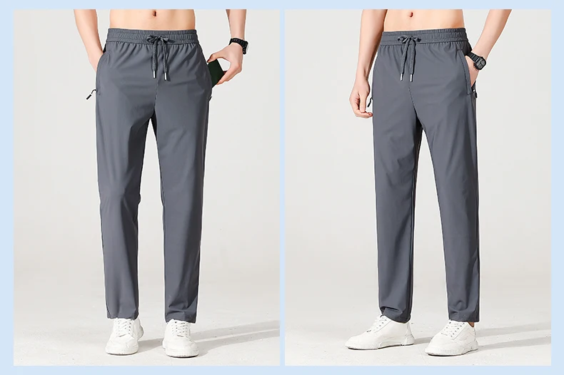 Herrenhose aus Eisseide, Sommer 2024, Schwarz-Grau, dünner Stil, Business-Casual-Hose, Outdoor, Stretch, atmungsaktiv, gerades Bein, locker geschnitten – Detail 13