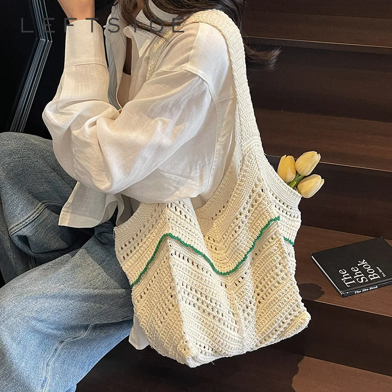 

LEFTSIDE 2025 Summer hollow out Knitting Bag Woven Hand Bag Beach Shoulder Bag Holiday Travel Handbag Woven Shoulder Purse