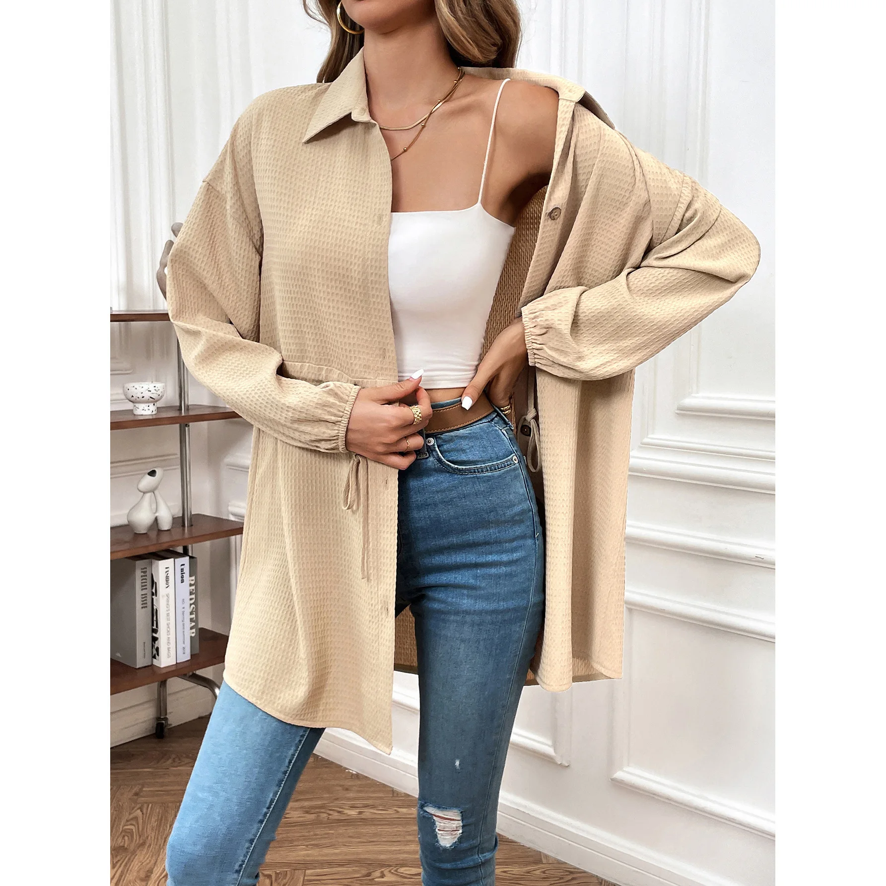 Women's Top Drawstring Waist Closure Button Khaki Color Loose Fitting Long Sleeved Temperament Elegant Commuting Casual