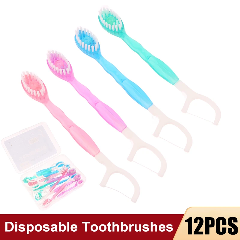 

12 шт./кор. одноразовая зубная щетка с взрывными бусинами для чистки зубов для взрослых, портативная дорожная зубная щетка со скребком для языка зубной нити