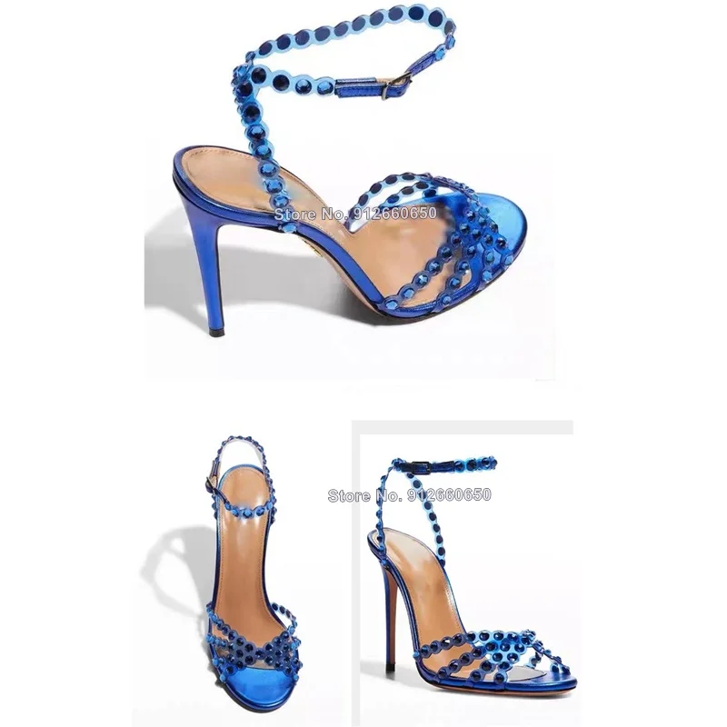 Abesire Crystal Sandals Peep Toe Ankle Buckle Strap Thin High Heels Sandals Woman Summer Lady Big Size Stilettos Shoes On Heels