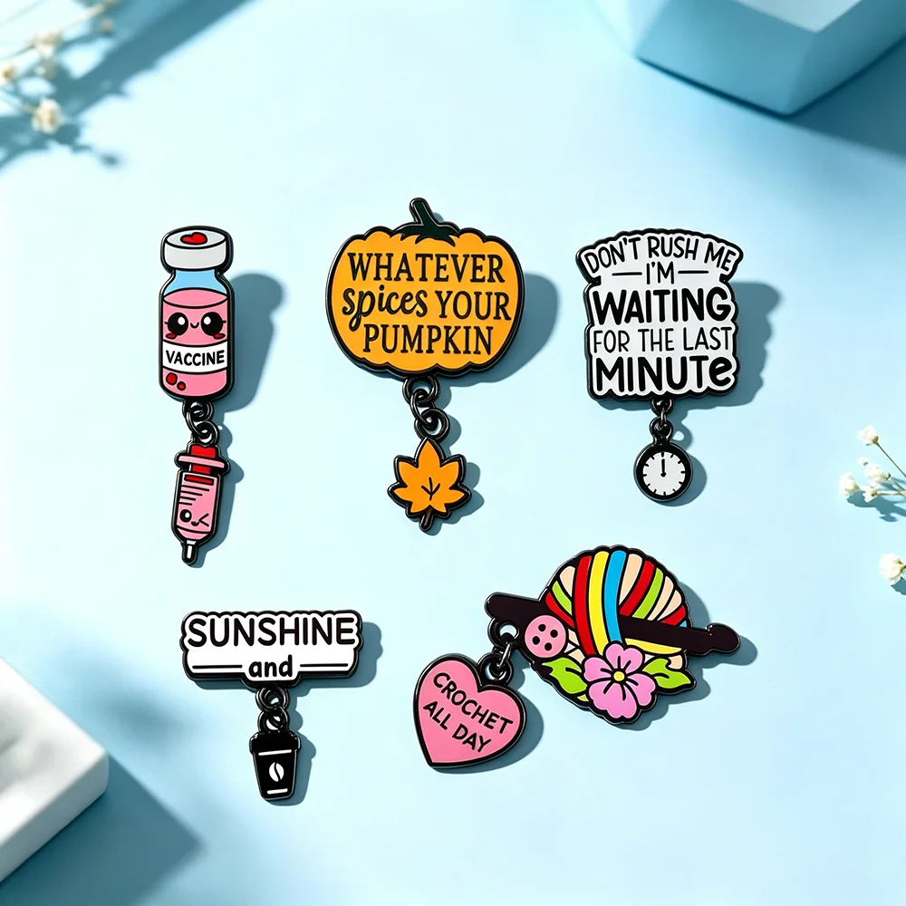 Funny Quote Dangle Enamel Pins Cute Pumpkin Yarn Coffee Brooch Creative Badge for Backpack Clothing Accessory Collectible Gift
