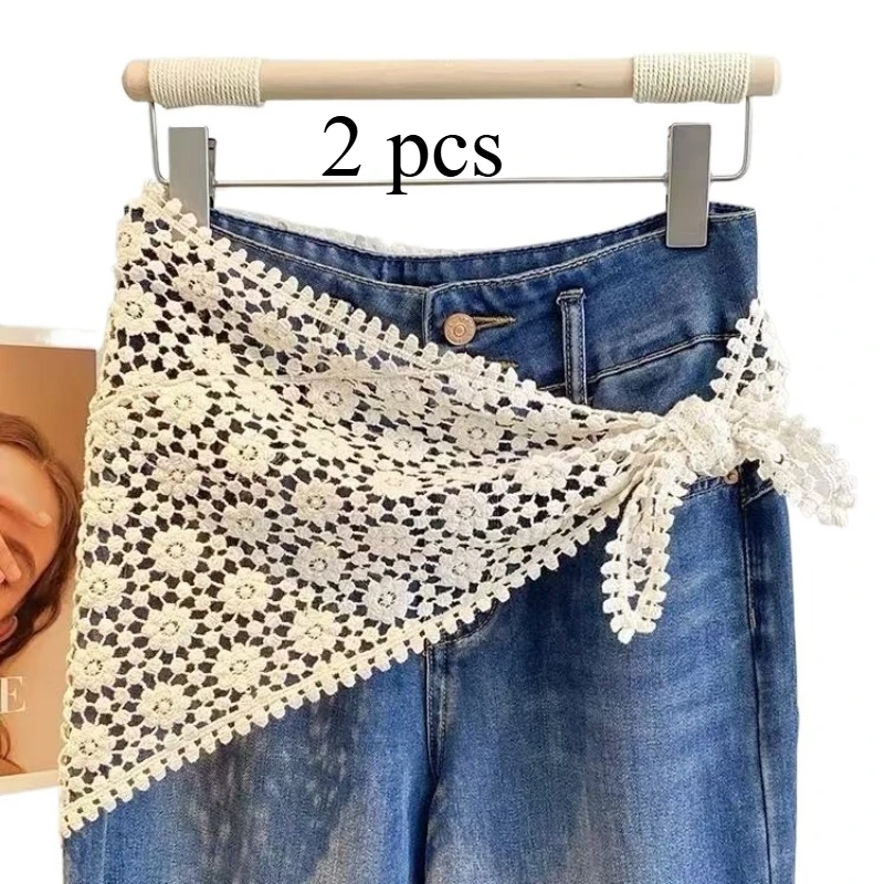 

White Lace Crochet Waist Decoration Band for Jeans Hollow Out Flower Belt Women's Fashion Waist Scarves Accessory