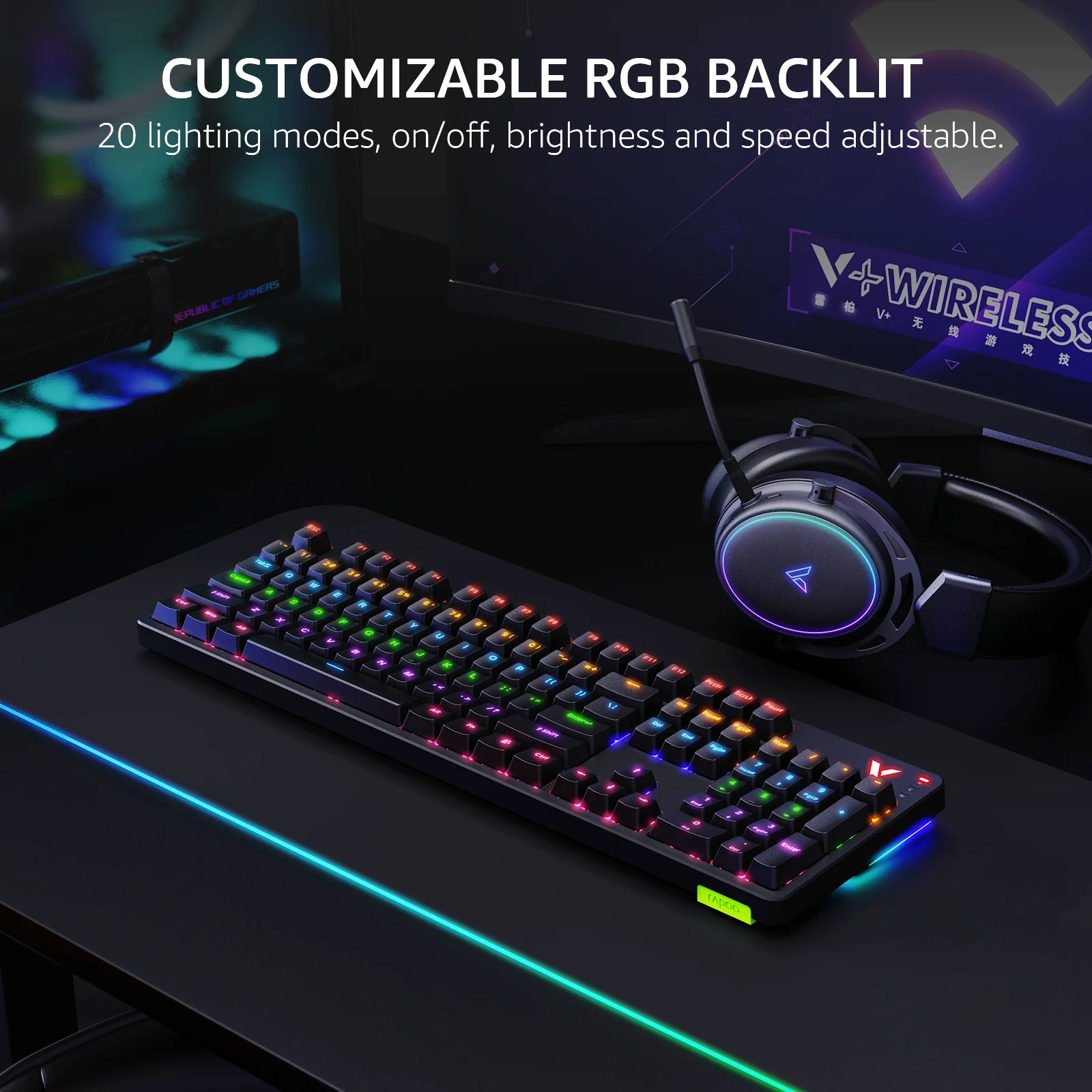 Imagem -03 - Teclado Mecânico para Jogos Tamanho Completo 104 Teclas Anti-ghosting Arco-íris Personalizável Rgb Retroiluminado Interruptor Vermelho Rapoo-v500pro