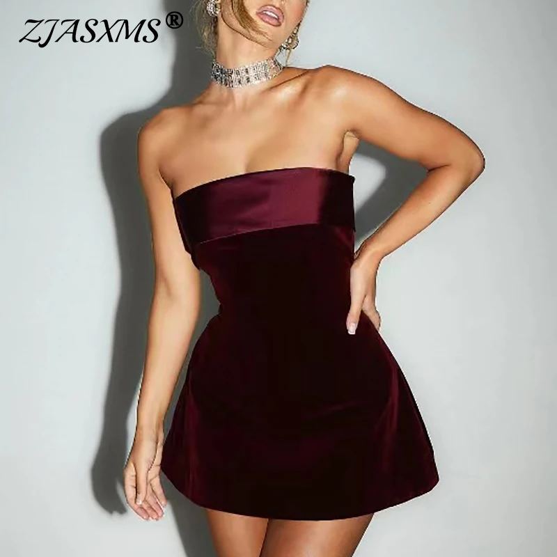 

Vestidos Sexy Strapless Banquet Evening Dresses Women Elegant Solid Velvet Mini Dress Spring Summer Backless Zipper A-Line Dress