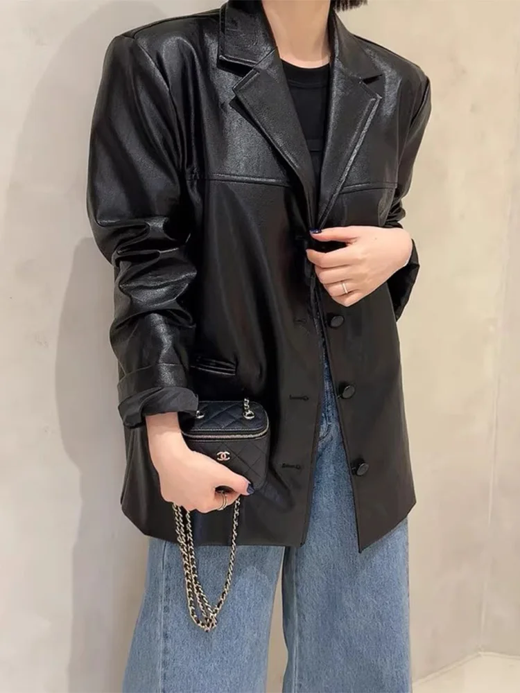 Retro Chic Loose Women's PU Leather Jaet Versatile Motorcycle Sle Suit Outerwear Autumn New Arrival Faionable