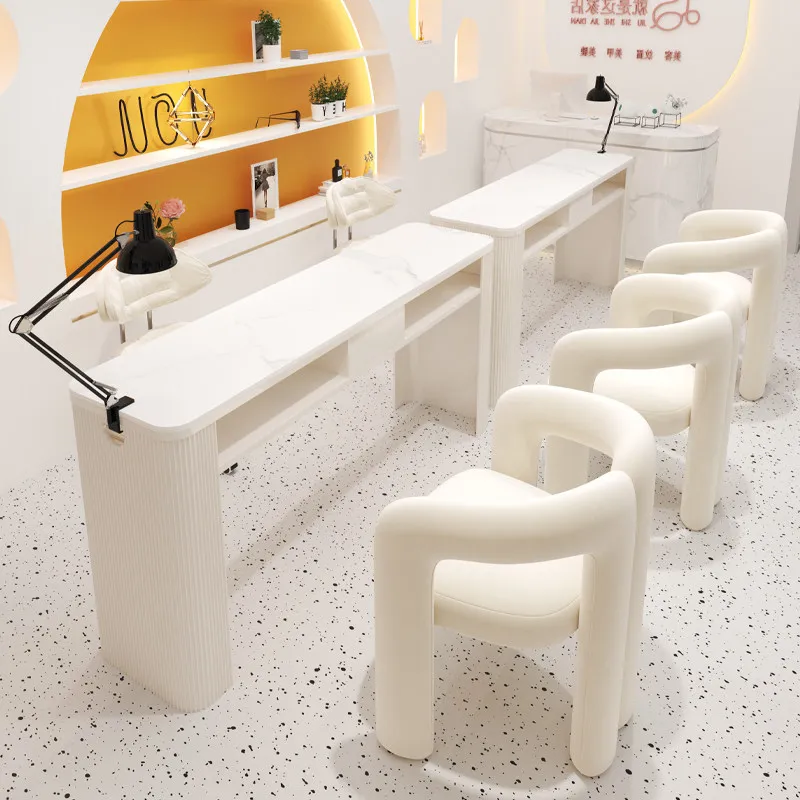 Cream Style Manicure Table Faux Marble Tabletop Nail Salon Workstation Hole Commercial Nail Art Desk for Beauty Studio