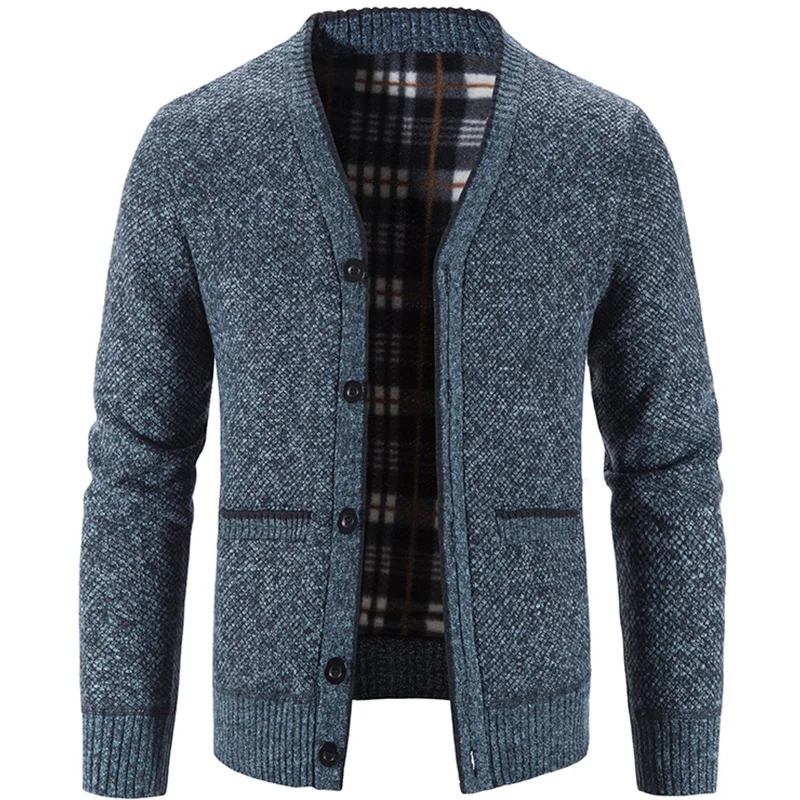 Men's Knit Cardigan Autumn Winter Sweater Coat Man Clothes Brown Blue Luxury Brand Button Fleece Lined Male Knitting Jackets