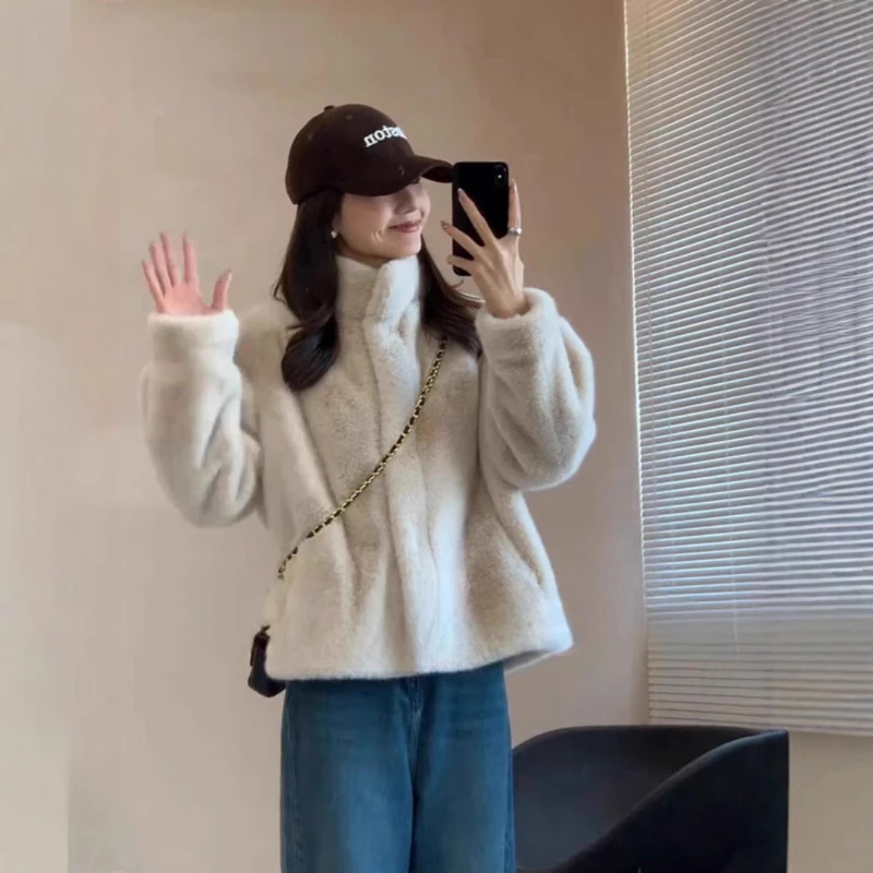 Colletto alla coreana Giacche in pelliccia sintetica Cappotti corti in peluche bianco solido Giacca pelosa di visone finto allentata calda e spessa di lusso Soffice casual elegante