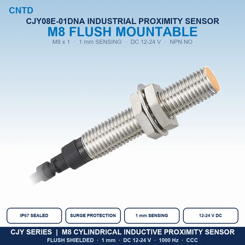 M8 Inductive Proximity Sensor CJY08E-01DNA NPN NO 3-Wire Flush Shielded 1mm IP67 Metal Detection Switch DC 12-24V 1000Hz CNTD