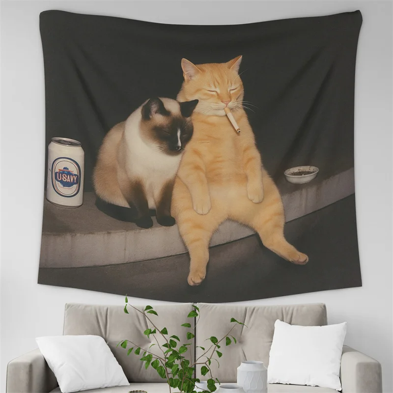 Gaslight Gatekeep Girlboss Funny Smoking Cat Meme Cigarette Tapestry Wall Hanging Art for Bedroom Living Room Decor College