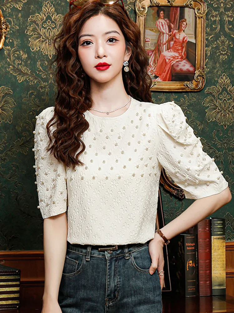 SMTHMA Fashionable Versatile Temperament Bead Puff Short Sleeved  T Shirt Women's 2024 Summer New Korean Jacquard Top