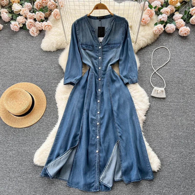 

New Casual Summer Solid Slim Full Lady Dress A Line V Neck Button Pullover Slit Denim Long Skirt High Waist Women Dresses