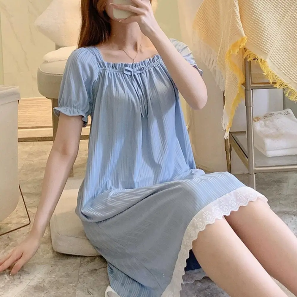 Women Summer Sleeping Rope Solid Color Pullover Knee Length Breathable Loose Shirring Short Sleeves Sweet Style Lady Nightdress