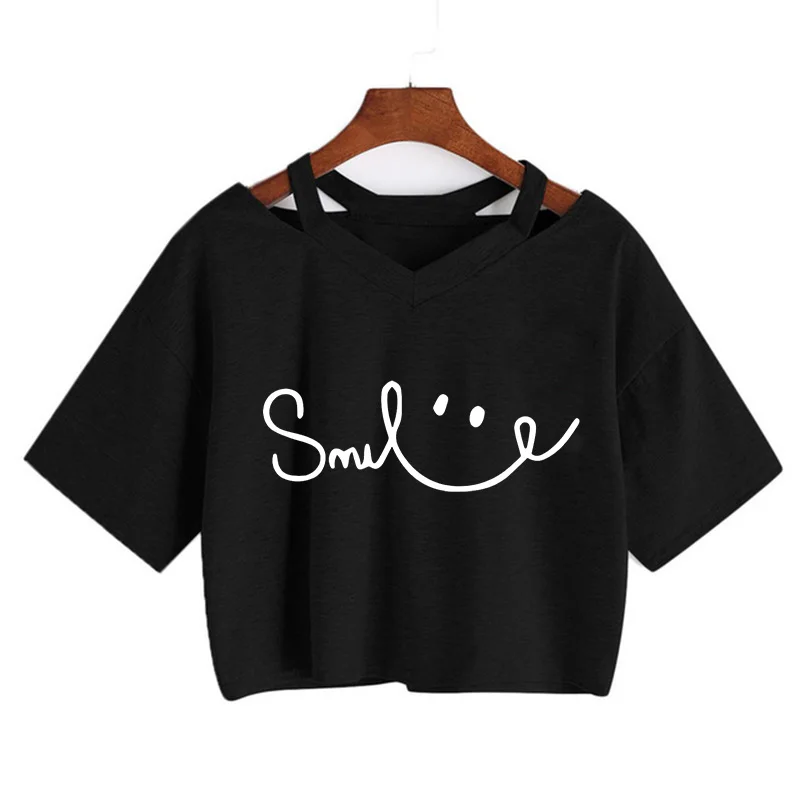 Sexy Cropped T Shirt for Women with Smile Lettre Print Y2k Crop Tops Vintage Tshirt Women's Graphicsummer T-Shirt Clothes