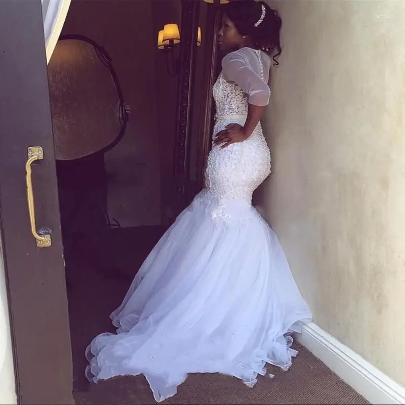 Customized Wedding Dress Luxury Heavy Beads Long Sleeves Mermaid Sheer Neck White Tulle Nigeria African Women Bridal Gown