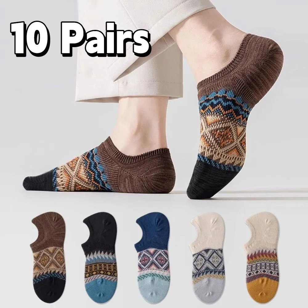 

10Pairs Soft Grid Retro Boat Socks Short Tube Ethnic Style Patchwork Low-calf Socks Breathable Hosiery Invisible Socks Male
