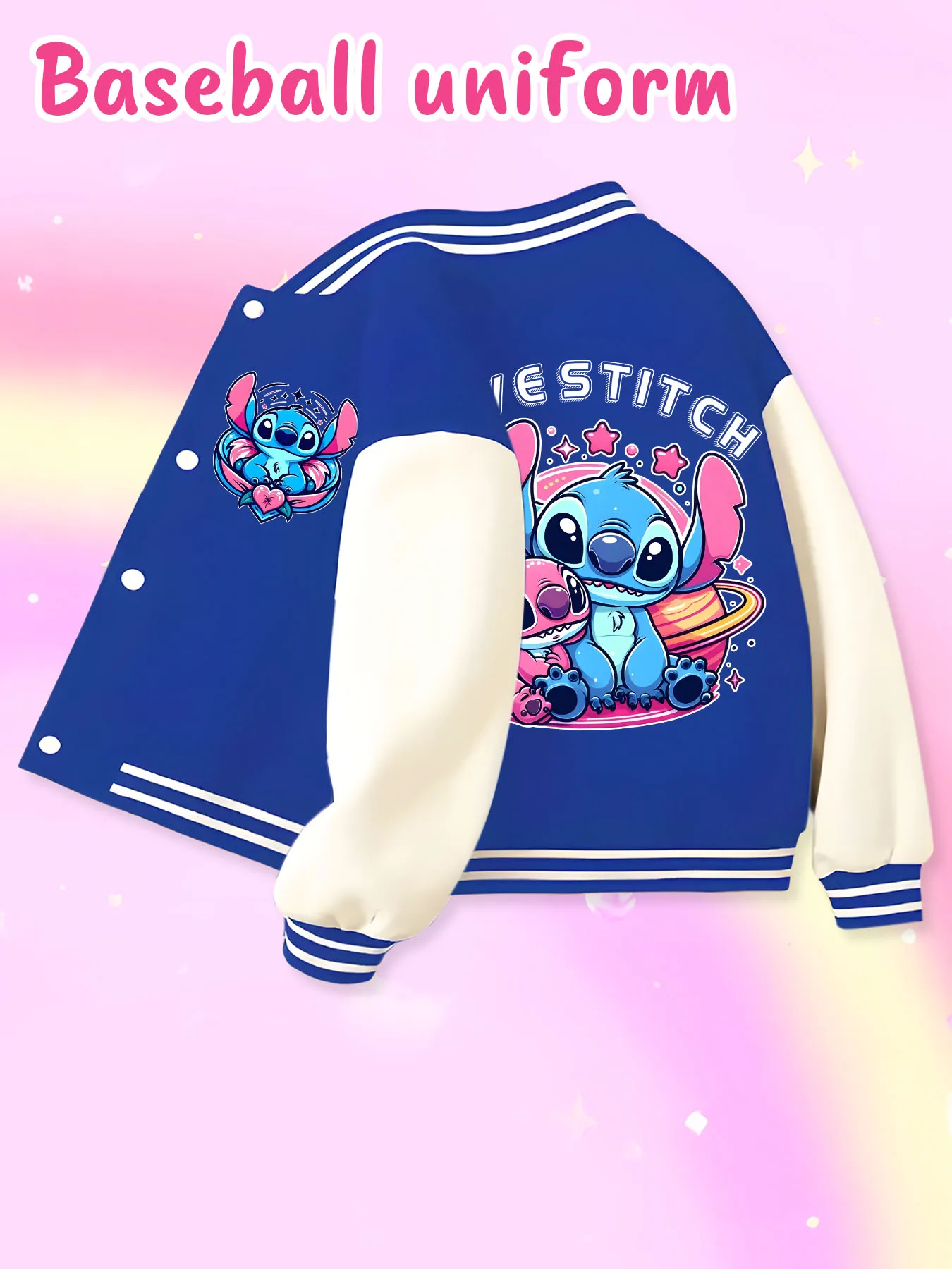 Disney fashion trend baseball jacket, suitable for daily sports and casual wear, printed with cute Stitch pattern, nice gift.