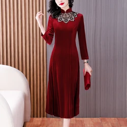 ZUOMAN Summer Runway Vintage Black Velvet Dress Women's Turn-down Collar Luxury Gold Line Embroidery Elegant Party Dress