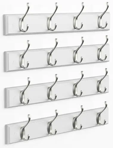 

Forbena 4-Pack Wall Mount Coat Rack – 16 Hooks for Clothes, Bags, Belts, Hats – Modern White & Silver Organizer