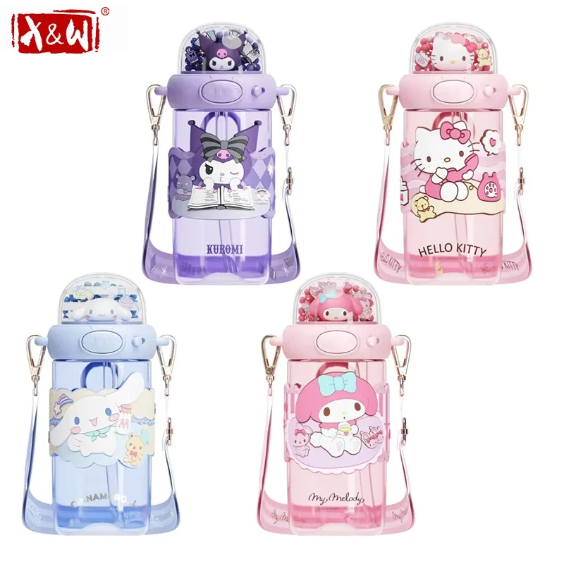 X&W für Sanrio Cartoon Strohhalm-Trinkbecher My Melody/Hello Kitty/Kuromi Auslaufsichere Kinder-Wasserflasche Space Cup für Mädchen Geschenke